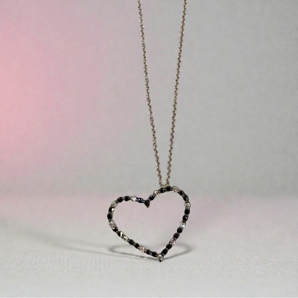 18k White Gold Diamond Heart Pendant Necklace, Milan Italy 750 Gold, 18” Chain - Picture 6 of 14